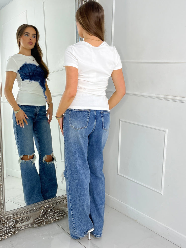 Blue Denim Frill Corset Contrast Tshirt - White