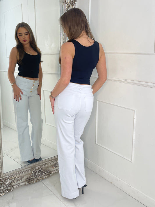 High Waist Pocket Front Jewelled Button Jeans - White