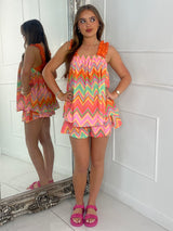 Tie-Back Ruffle Shoulder Top & Ruffle Band Shorts - Orange Multi