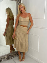 Lace Crochet Strappy Top & Flowy maxi Skirt Co-ord - Tan