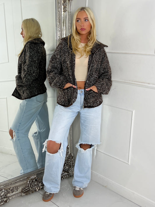 Oversized Collar Pocket Detail Knitted Zip Up Jumper - Brown