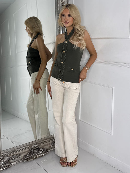 Halter Neck Gold Button Detail Top - Khaki Green