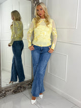 3D Flower Textured Mesh Long Sleeve Top - Yellow