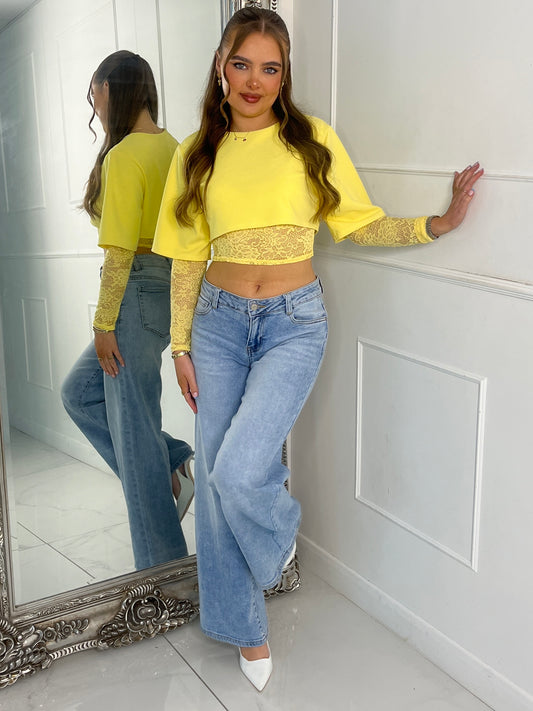 Round Neck Cropped Tee With Lace Bra Underlayer & Lace Sleeves - Yellow