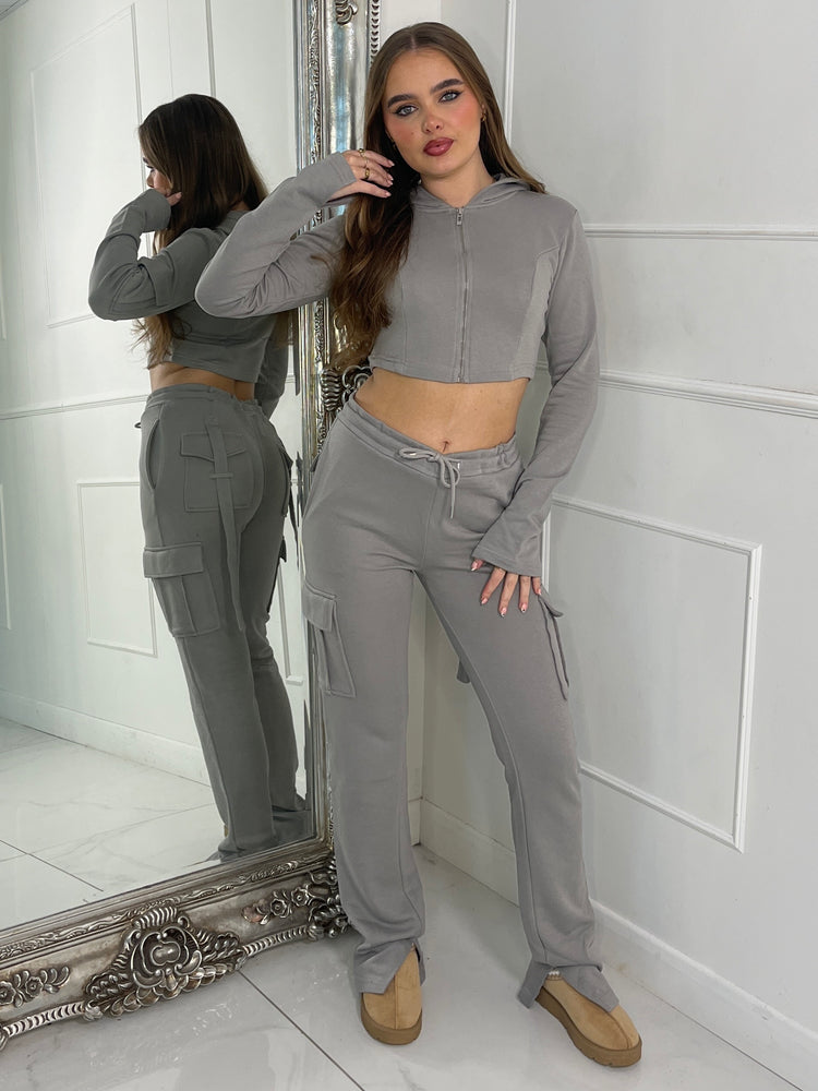 Corset detail hooded top & Ruche Back pocket Joggers Set - Dove Grey