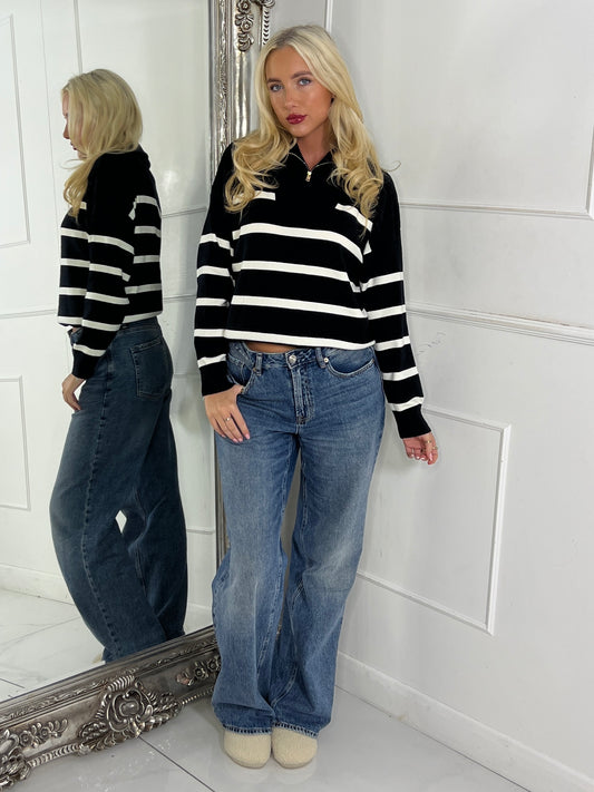 1/4 Zip Striped Jumper - Black / Cream