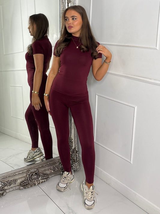 High Neck Second Skin Top & Sculpt Panel Leggings - Wine