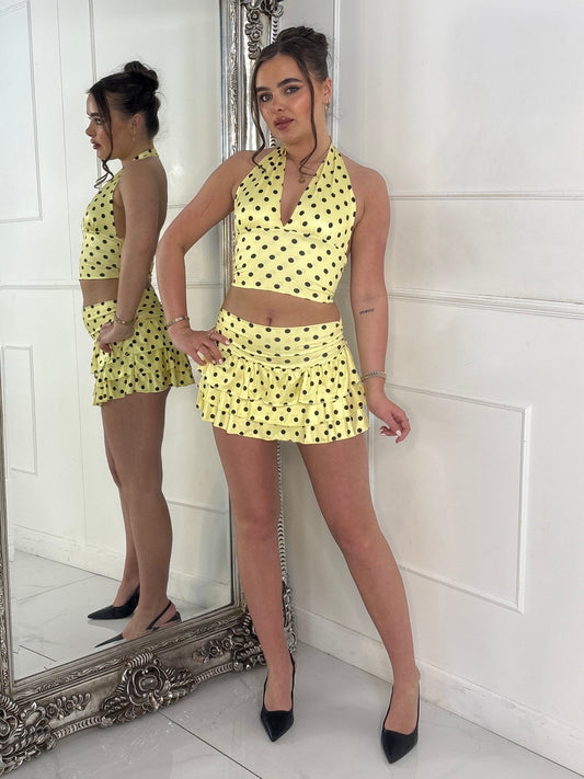 Polka Dot Halter Neck Top & Double Frill Skirt - Yellow