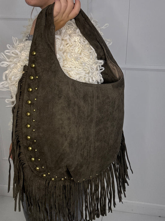 Suede Tassle Gold Detail Edge Shoulder Bag - Khaki