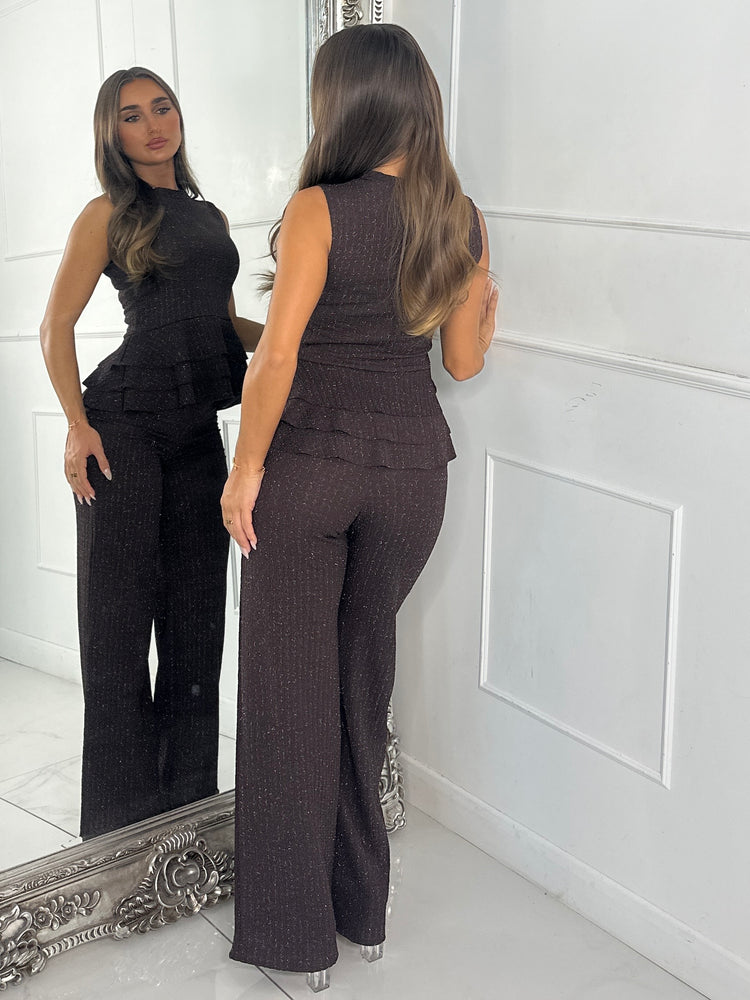 Lurex Knit High Neck Ruffle Top & Flares Co-Ord - Chocolate