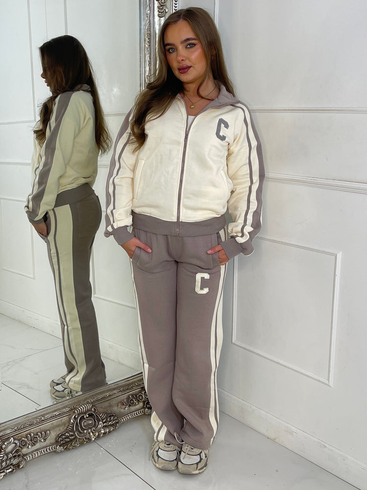 Colour Block Contrast “C” Embroidery Tracksuit - Dove Grey/Cream