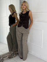 Swirl Embroidery Detail Double Zip Waistcoat -Brown