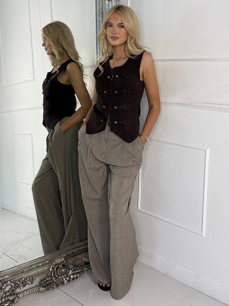 Swirl Embroidery Detail Double Zip Waistcoat -Brown