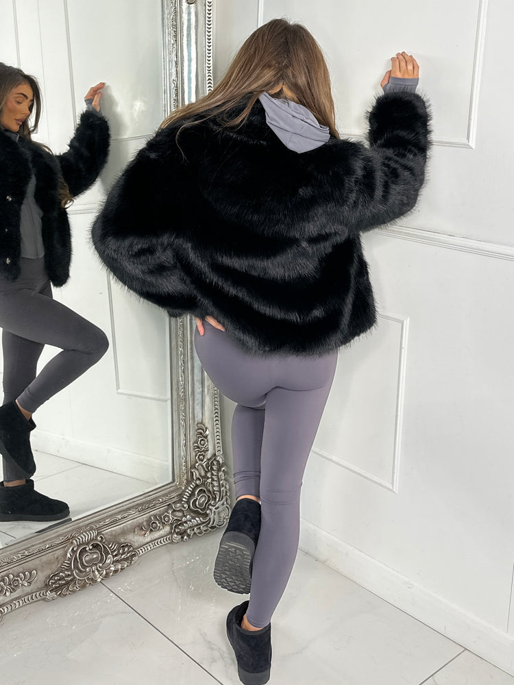 Oversized Collar Faux Fur Coat - Black