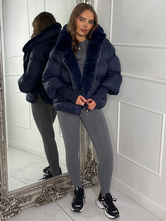 Hooded Puffer Coat With Faux Fur Trim - Navy Blue