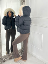 Cropped Faux Fur Trim Padded Jacket - Black/Cream