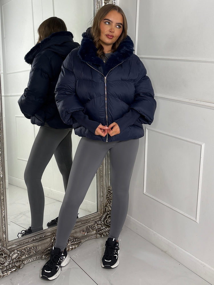 Hooded Puffer Coat With Faux Fur Trim - Navy Blue