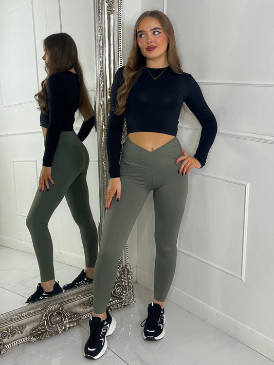 Crossover Band Leggings - Khaki