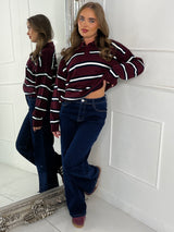 Stripe Detail Knitted Long Sleeve Jumper - Wine/Navy