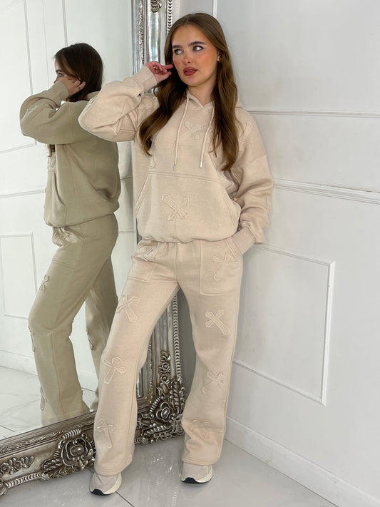 Cross Embroidered Hoodie & Jogger Tracksuit - Beige