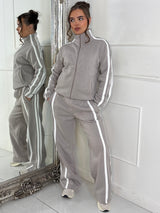 Side Stripe Collared Zip Up Jacket & Joggers Tracksuit - Dove Grey