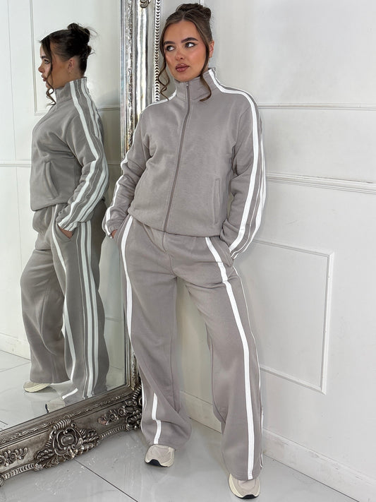 Side Stripe Collared Zip Up Jacket & Joggers Tracksuit - Dove Grey