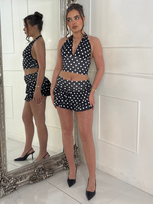 Polka Dot Halter Neck Top & Double Frill Skirt - Black
