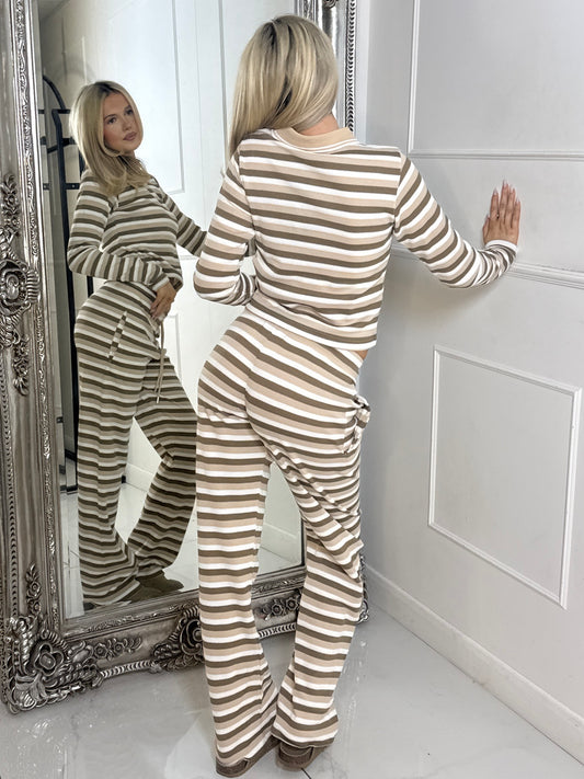 Collar Detail Striped Long Sleeve Top & Wide Leg Pants Co-Ord - Beige Multi