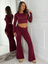 Long Sleeve Top & Fold Over Flared Co-ord - Wine