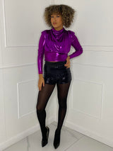 Metallic Padded Shoulder Top - Purple