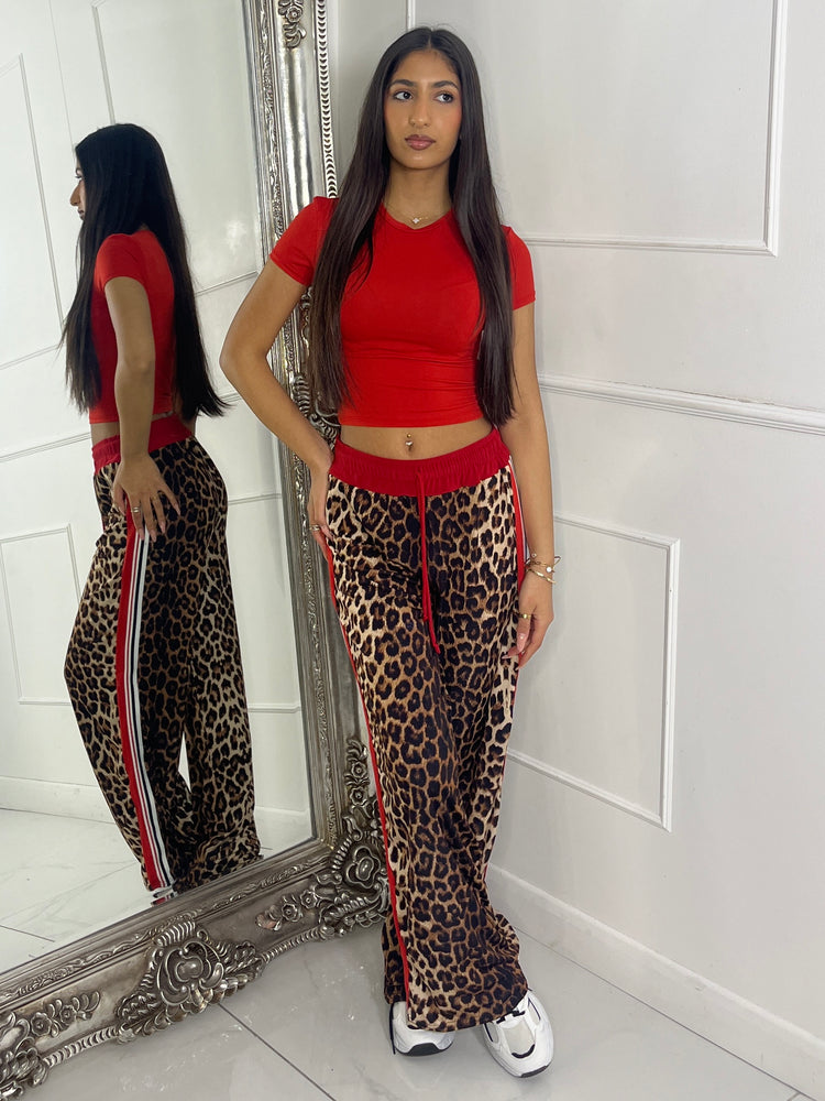 Leopard Print Wide Leg Side Stripe Trousers