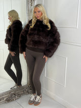 Tiered Faux Fur Round Neck Jacket - Brown