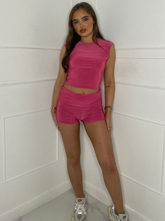 Fold Over Shorts And Crop Top Set - Hot Pink