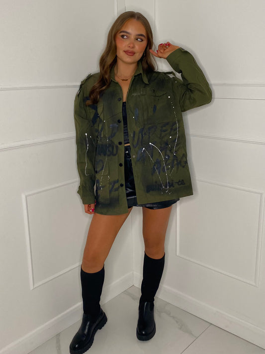 Oversized Graffiti Print Jacket - Khaki