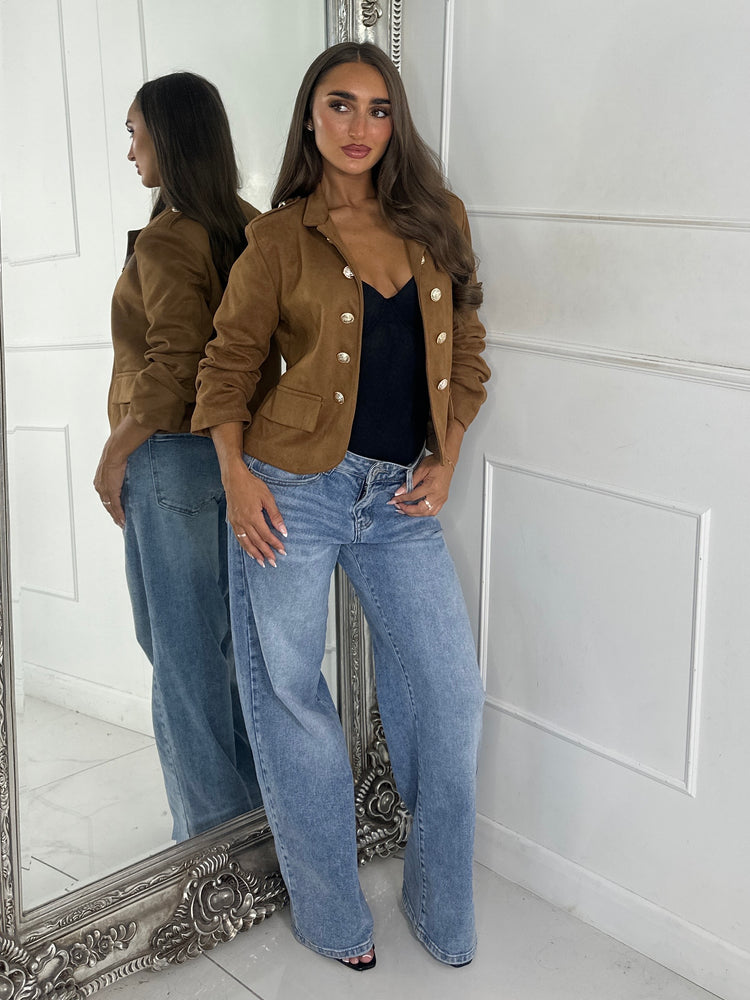 Lola Gold Button Faux Suede Tailored Jacket - Tan