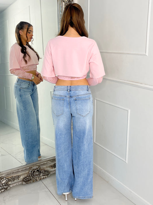 Round Neck Cropped Tee With Lace Bra Underlayer & Lace Sleeves - Baby Pink