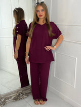 Gold Button Detail Oversized Top & Wide Leg Pants Co-Ord - Burgundy