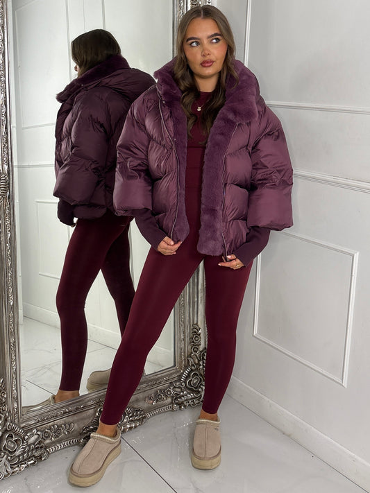 Hooded Puffer Coat With Faux Fur Trim - Wine