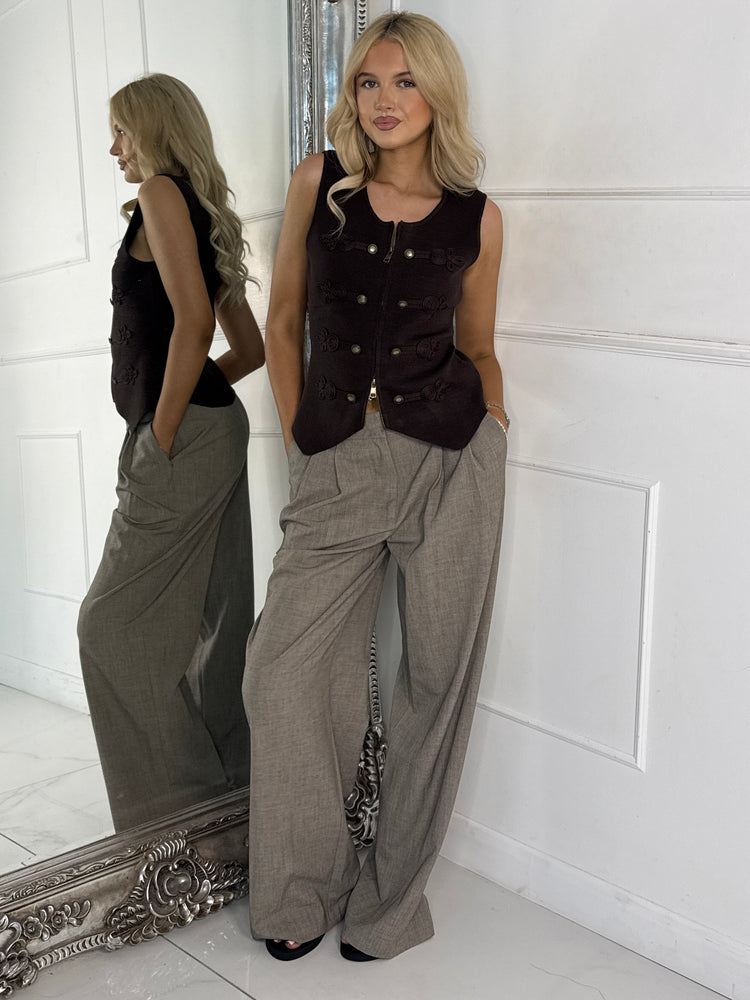 Swirl Embroidery Detail Double Zip Waistcoat -Brown