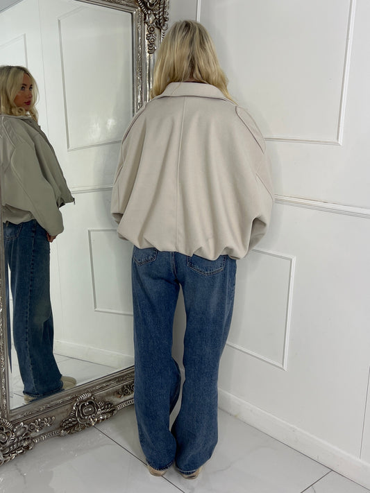 Collared Oversized Bomber Jacket - Cream