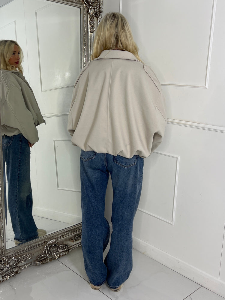 Collared Oversized Bomber Jacket - Cream