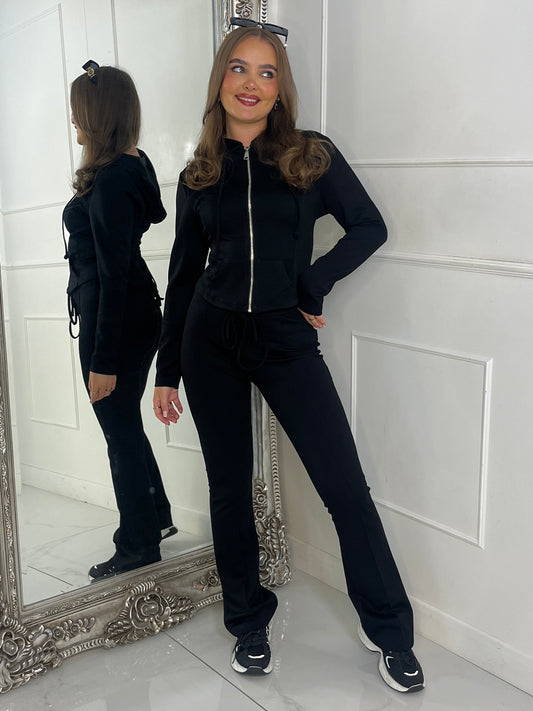 Tie Up Corset Detail Back Hoodie & Seam Detail Flared Pants - Black
