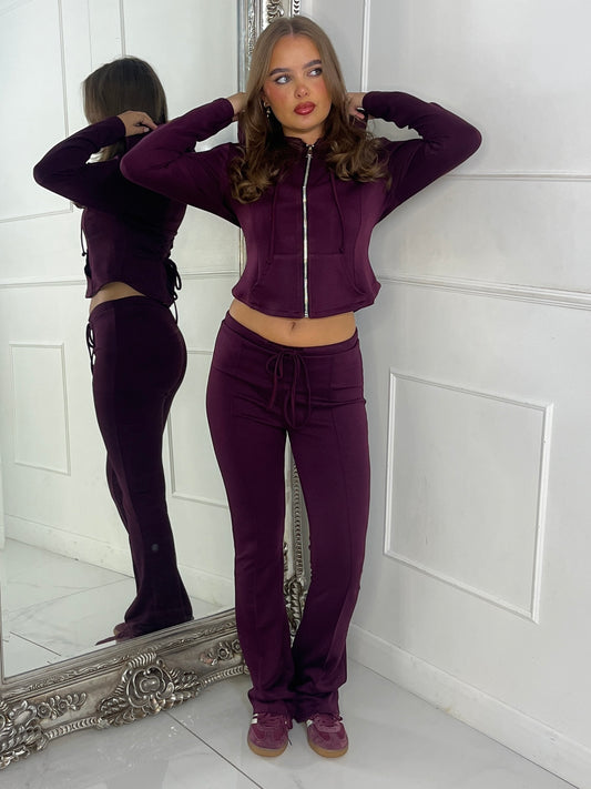 Tie Up Corset Detail Back Hoodie & Seam Detail Flared Pants - Wine