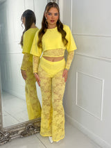 Round neck Lace Sleeves Crop Tee & Built In Black Knicker Underlayer Lace Flares Co-Ord - Yellow