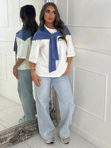 Tennis Style Oversized Tee with Overlay Detail - White/Blue
