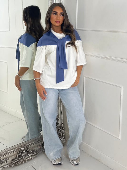 Tennis Style Oversized Tee with Overlay Detail - White/Blue