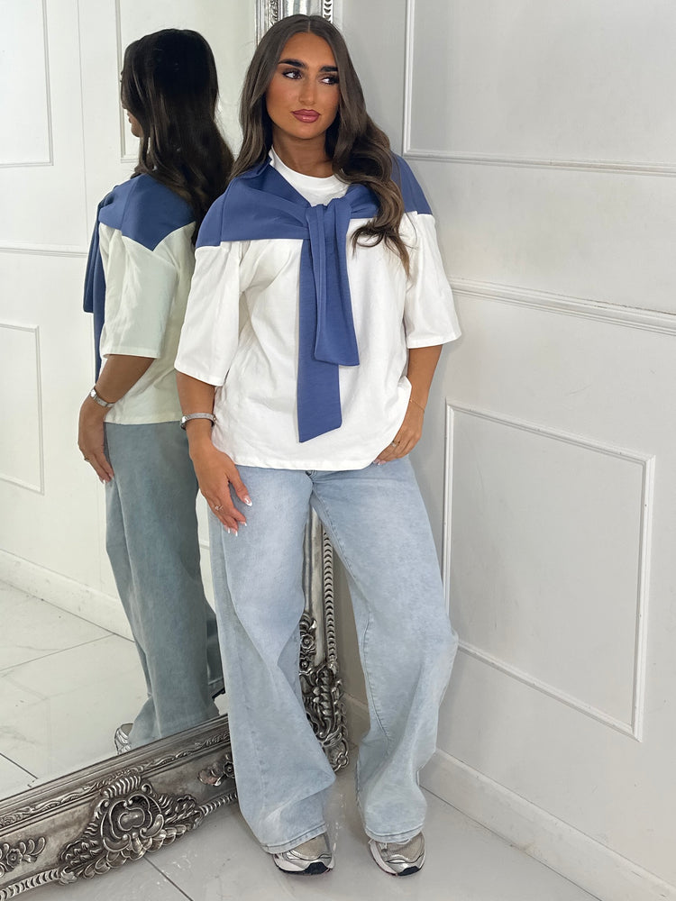 Tennis Style Oversized Tee with Overlay Detail - White/Blue