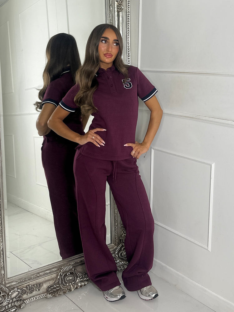 Soft Cotton Varsity Number Detail Matching Shirt & Straight Leg Joggers Set - Wine