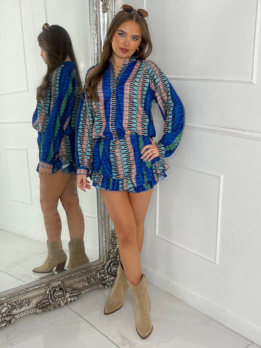 Matching Long Sleeve Shirt and Frill Skort Set - Blue Multi