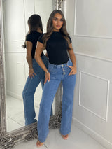 High Waist Pocket Front Jewelled Button Jeans - Denim Blue